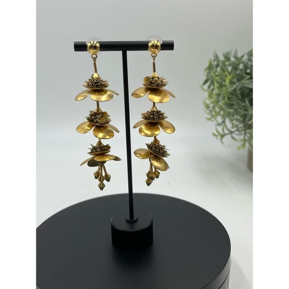 J. Crew Bead & Blossom Gold Tone Long Triple Flower Dangle Gilded Earrings - Picture 3 of 14